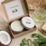coco aloe vera : baume, gel aloe et savon sur table en bois