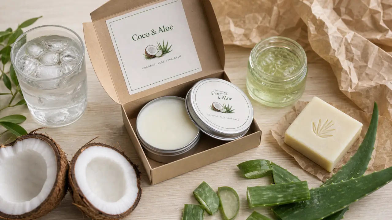 coco aloe vera : baume, gel aloe et savon sur table en bois