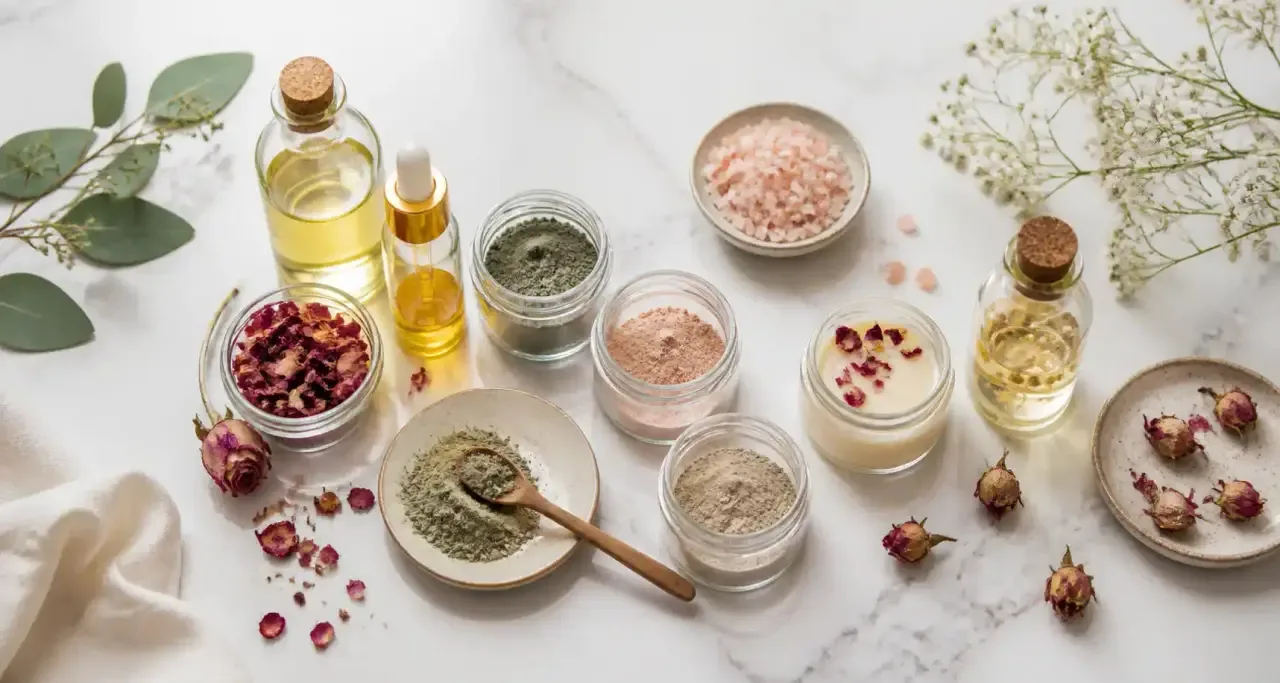 Composition de cosmétiques bio et d'ingrédients naturels posés sur un plan de marbre