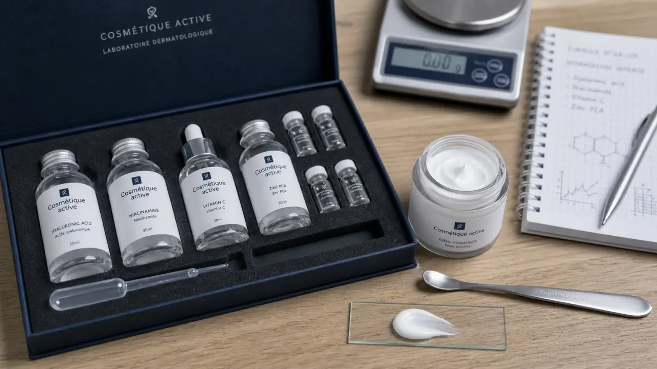 Cosmetique active : flacons et pot de crème en formulation