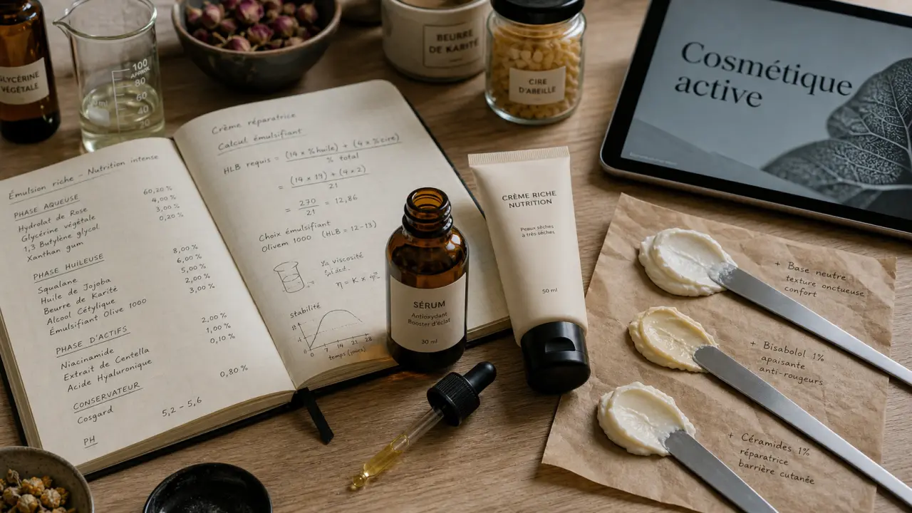Cosmetique active : flacon et crème en formulation