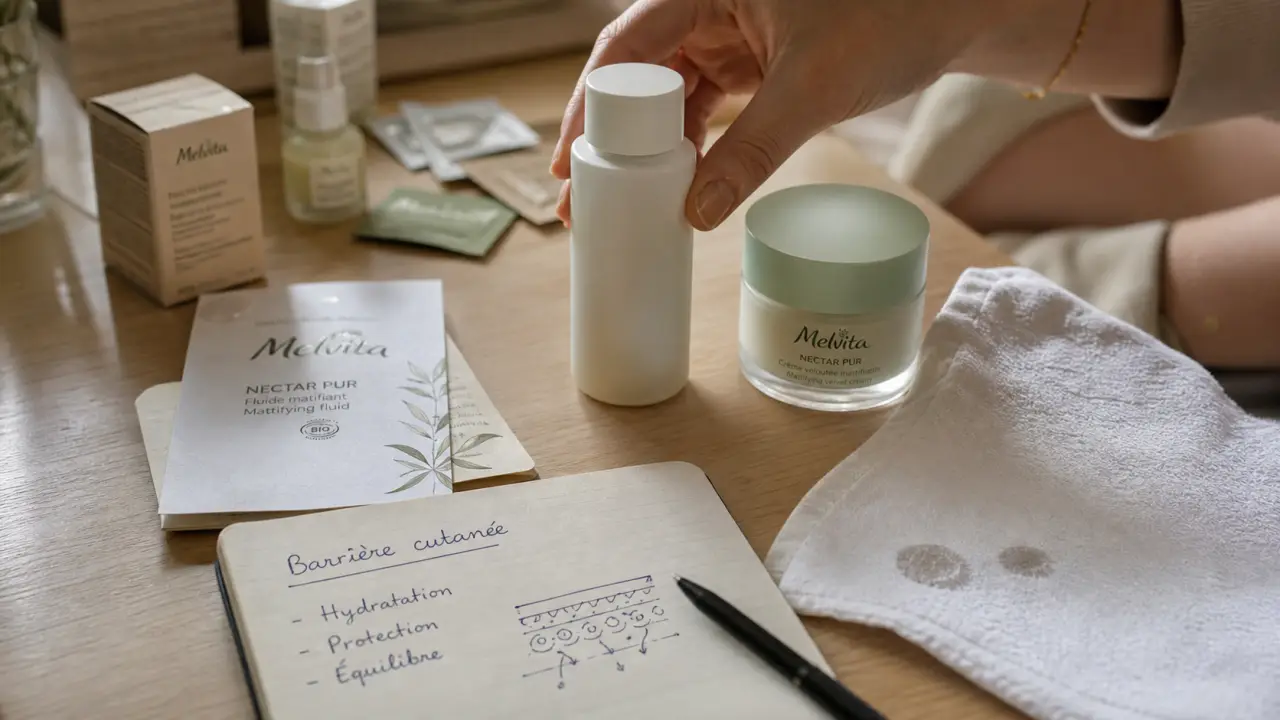 Dermocosmetique : flacon et crème sur table, barrière cutanée