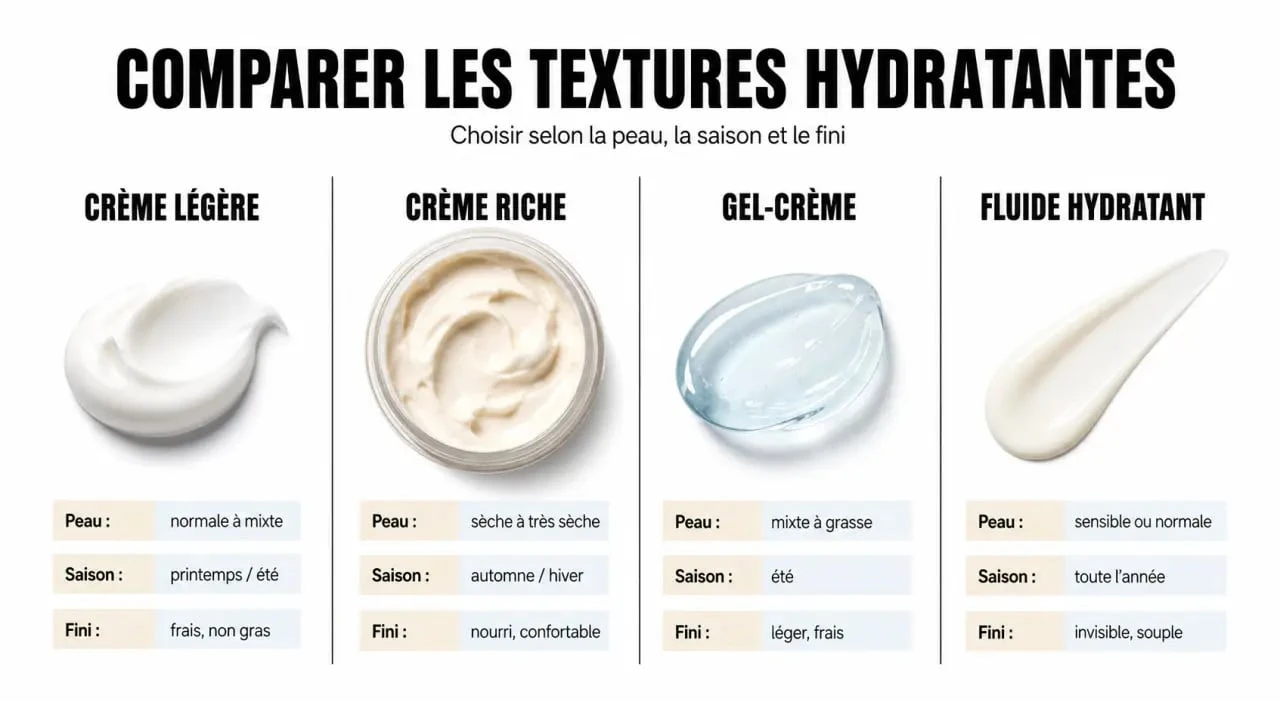 Comparatif de crème hydratante légère, crème riche, gel-crème et fluide hydratant pour choisir la texture adaptée