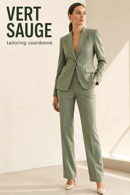 Ensemble vert sauge femme porté dans un look élégant et coordonné