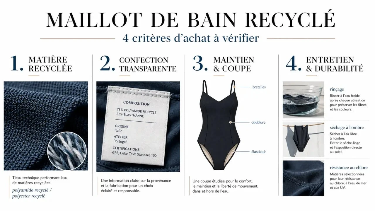Maillot de bain recyclé : critères clés pour choisir entre matière, coupe, maintien et entretien