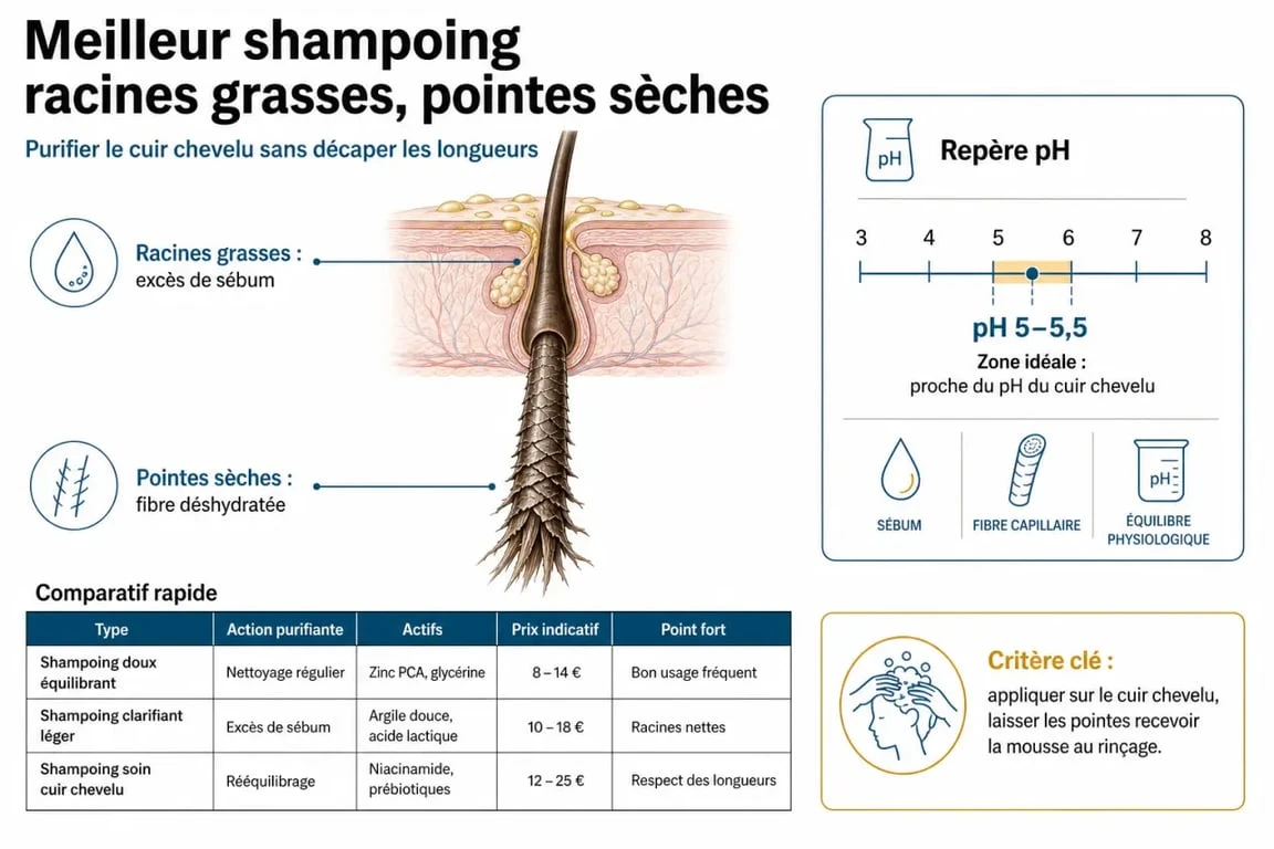 Infographie sur le meilleur shampoing racines grasses pointes sèches avec comparatif de produits et conseils d’équilibre