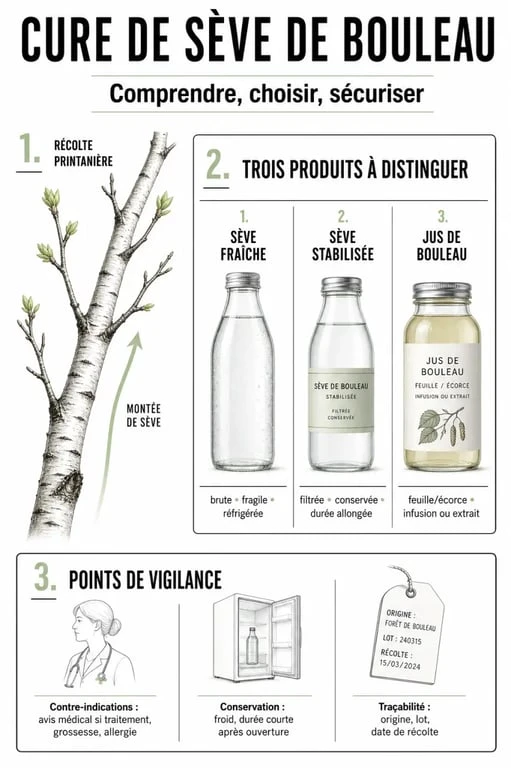 Cure sève de bouleau : infographie sur la composition, les formes de produit et les précautions