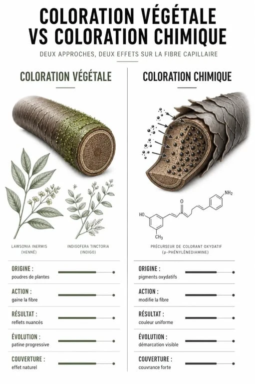Infographie comparative entre coloration végétale et coloration chimique pour cheveux blancs