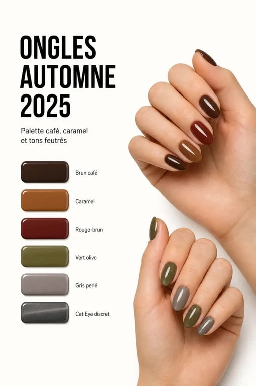 Palette couleur ongles automne 2025 avec swatches brun café, caramel, rouge-brun, vert olive et gris perlé