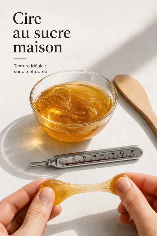 Recette cire au sucre maison montrée dans un bol en verre avec texture souple et dorée