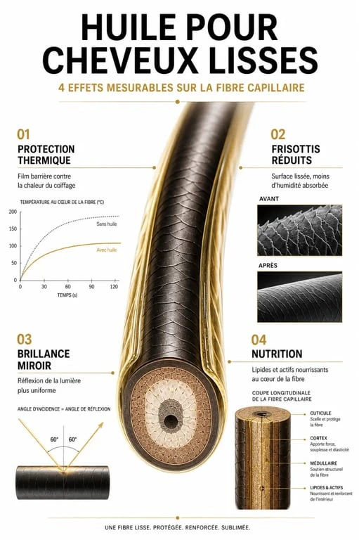 Infographie sur les bienfaits et l'utilisation de l'huile pour cheveux lisse pour une chevelure brillante et sans frisottis