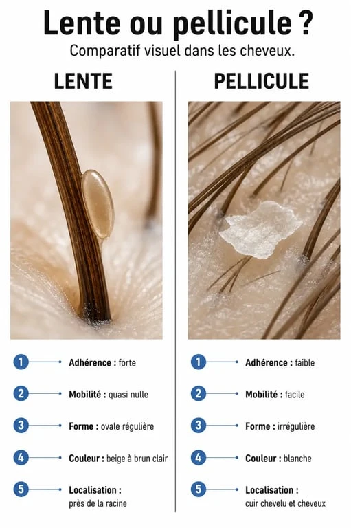 Différencier lente et pellicule avec un comparatif visuel des critères clés