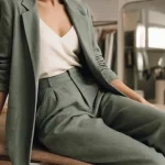 Ensemble vert sauge femme : tailleur pantalon en lin ou short (photo mode)