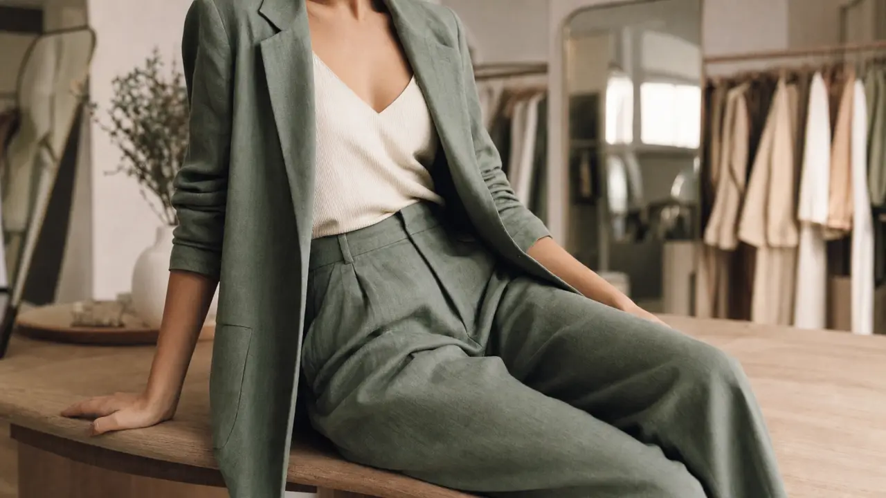 Ensemble vert sauge femme : tailleur pantalon en lin ou short (photo mode)