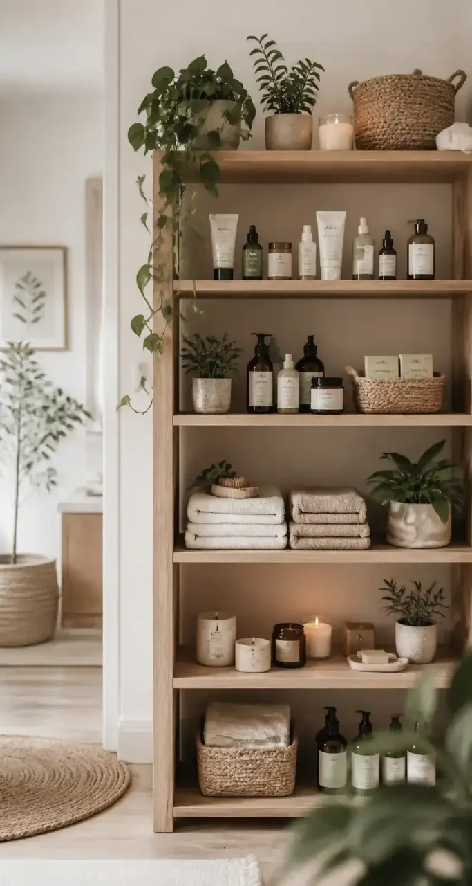 Étagère de cosmétiques naturels et bio dans un intérieur scandinave épuré