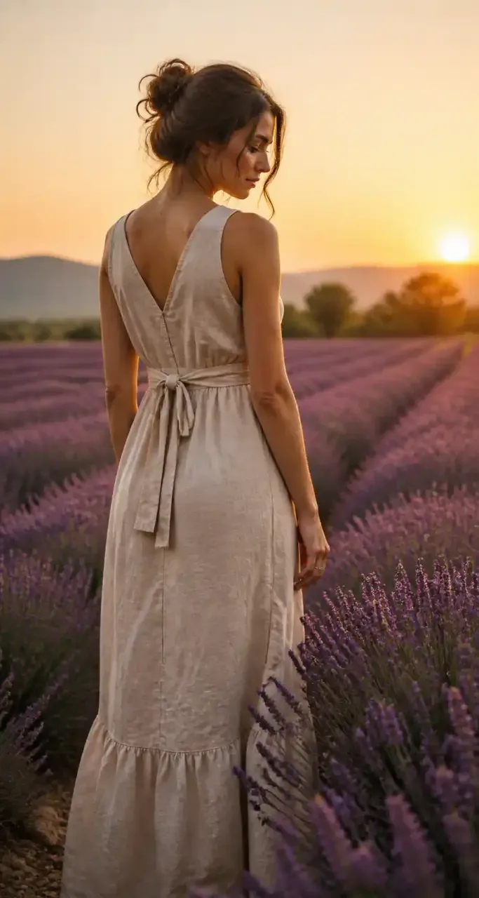 Robe en lin d'une mode féminine éthique portée dans un champ de lavande