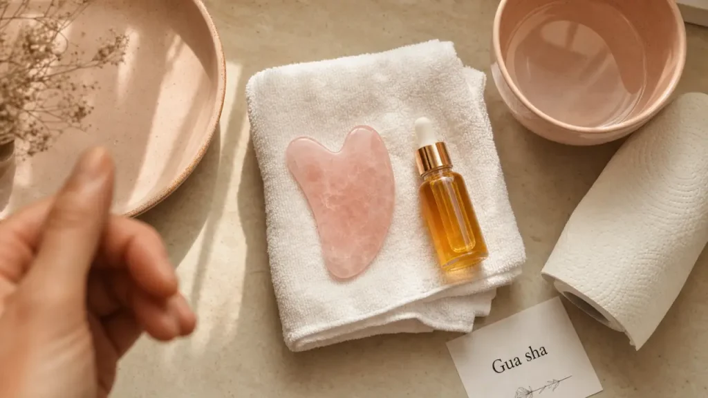 Pierre gwacha en quartz rose, angle 45° sur serviette, huile visage