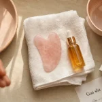 Pierre gwacha en quartz rose, angle 45° sur serviette, huile visage