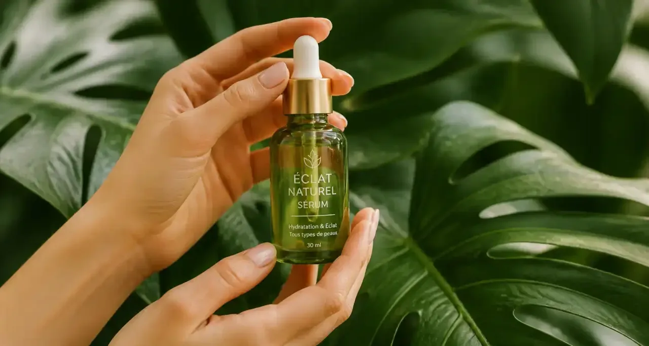 Sérum naturel dans un flacon de verre recyclé, symbole de la beauté propre