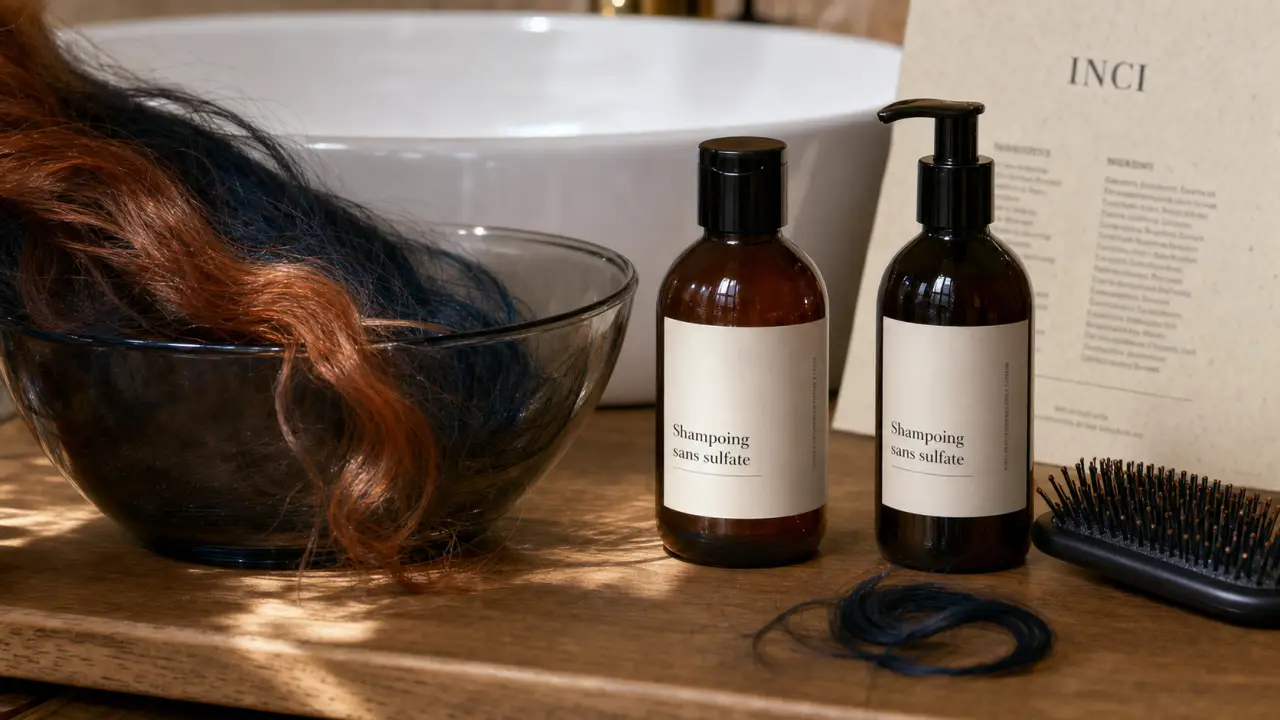 Shampoing cheveux colorés sans sulfate, flacons sans logo près d’une mèche colorée