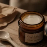 Beef tallow crème visage en pot ambré, texture baume sur table en bois