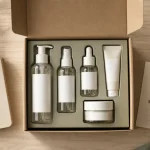 Box beauté bio ouverte sur table, flacons et crème, vue de dessus