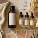 Cosmétique sèche, huile sèche sans fini gras sur table en bois