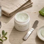 Crème aloe vera visage hydratante, fini non gras sur fond bois clair