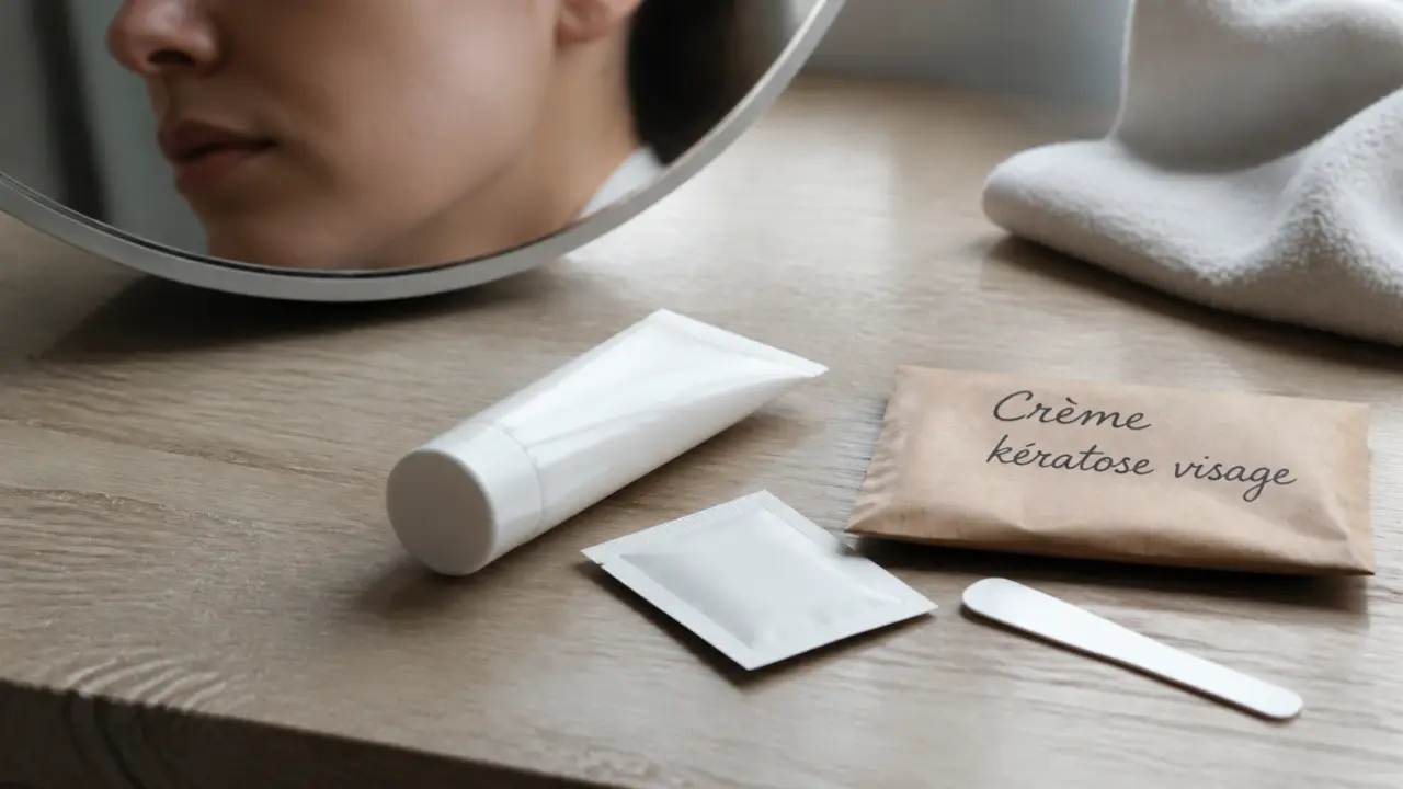 Crème pour kératose visage : tube et spatule sur table de consultation