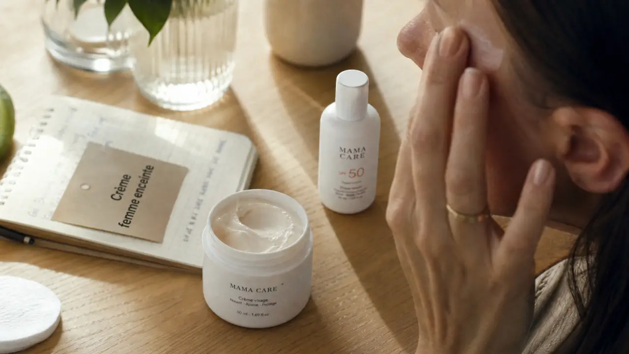 Crème visage femme enceinte et SPF50 sur table bois clair