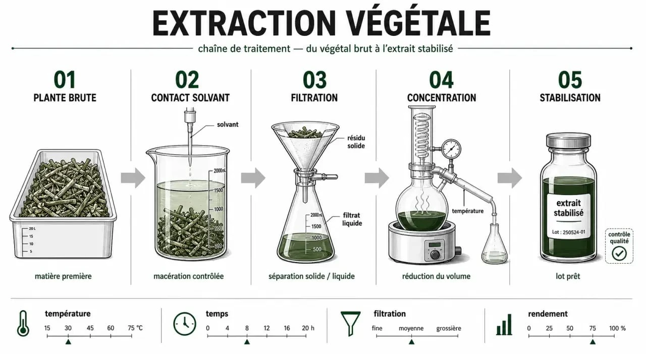 Schéma d’extraction végétale montrant la plante, le solvant, la filtration et la concentration