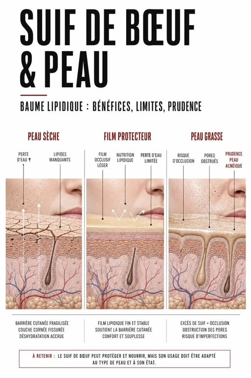 beef tallow crème visage : schéma éditorial du rôle du suif de bœuf sur la barrière cutanée