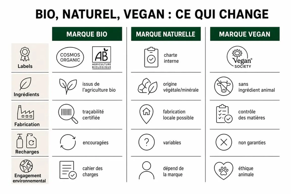 Cosmétique bio marque : comparaison visuelle entre bio, naturel et vegan avec labels et critères de choix