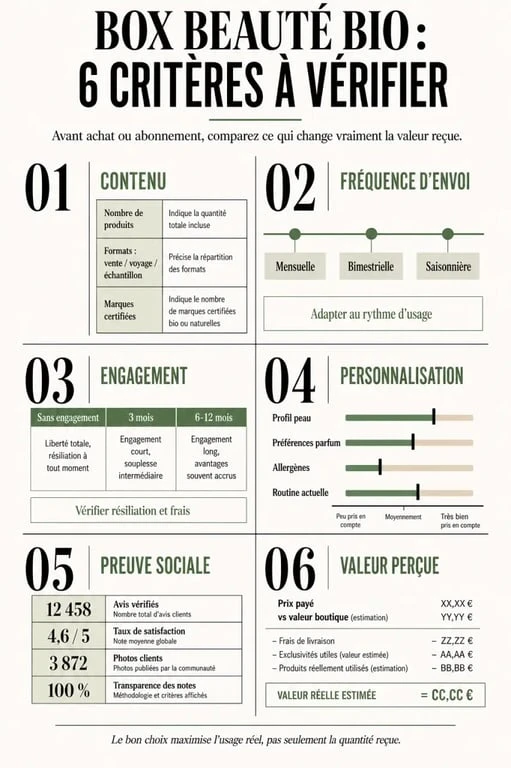 Box beauté bio : infographie des critères essentiels pour comparer prix, contenu, fréquence et engagement