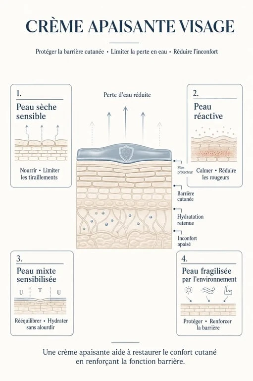 Crème apaisante visage : infographie sur la barrière cutanée et les besoins selon le type de peau
