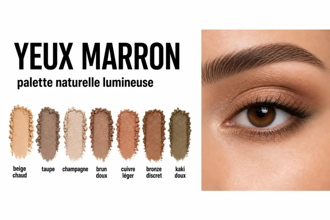 Maquillage naturel yeux marrons avec swatches beige, taupe, champagne, cuivre et bronze