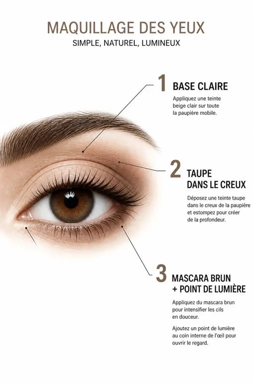 Maquillage naturel yeux marrons en étapes simples avec base, taupe et mascara brun