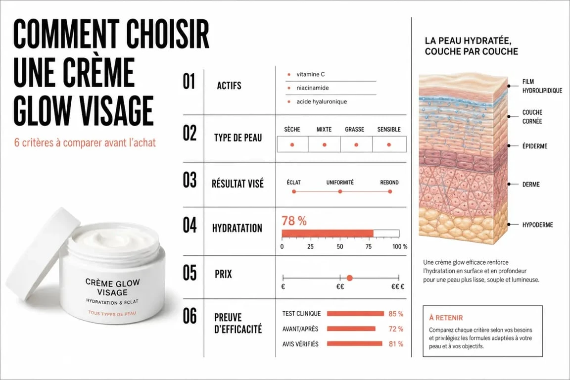 Infographie pour choisir une crème glow visage selon actifs, type de peau et prix