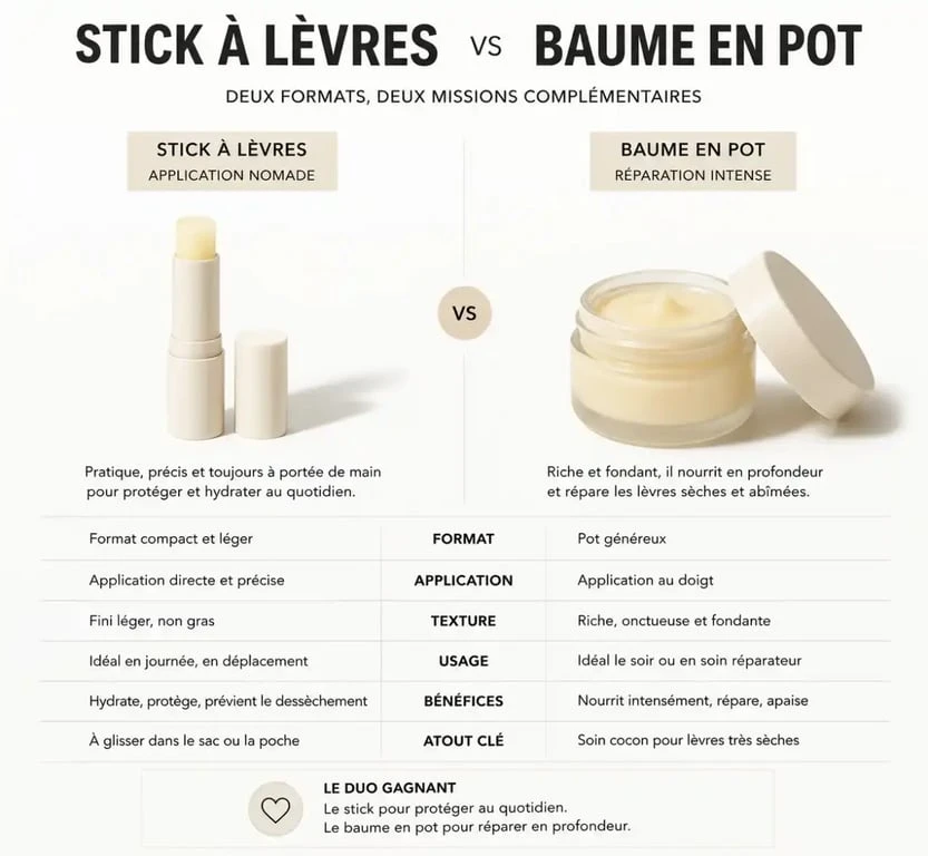 Comparaison entre le format stick et le format pot pour un baume pour les lèvres