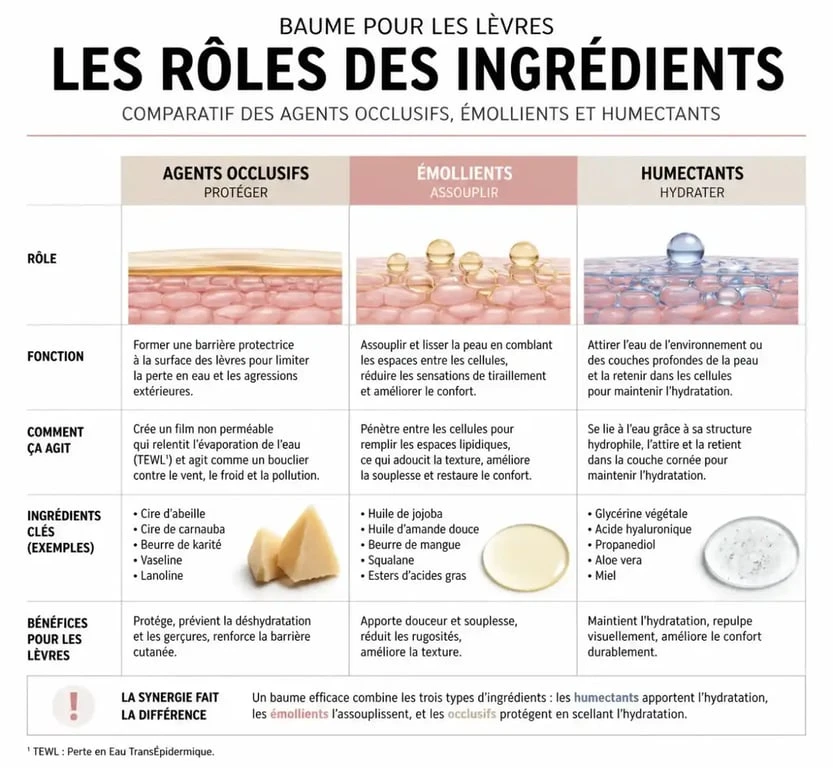 Schéma explicatif des ingrédients clés d'un baume pour les lèvres : occlusifs, émollients et humectants