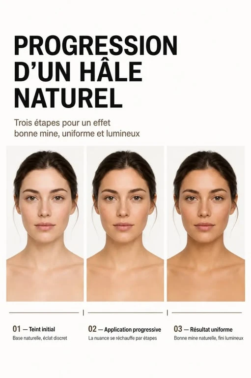 Progression du hâle avec une crème visage autobronzante sur peau uniforme
