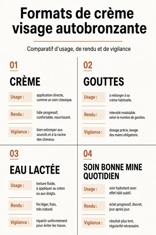 Comparatif crème visage autobronzante des formats, usages et rendu
