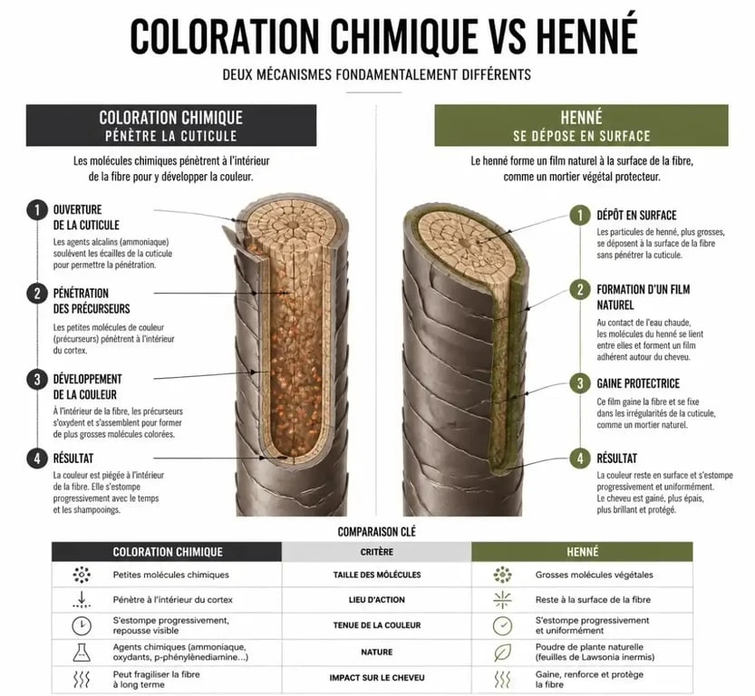 Schéma du fonctionnement du henné pour cheveux sur la fibre capillaire