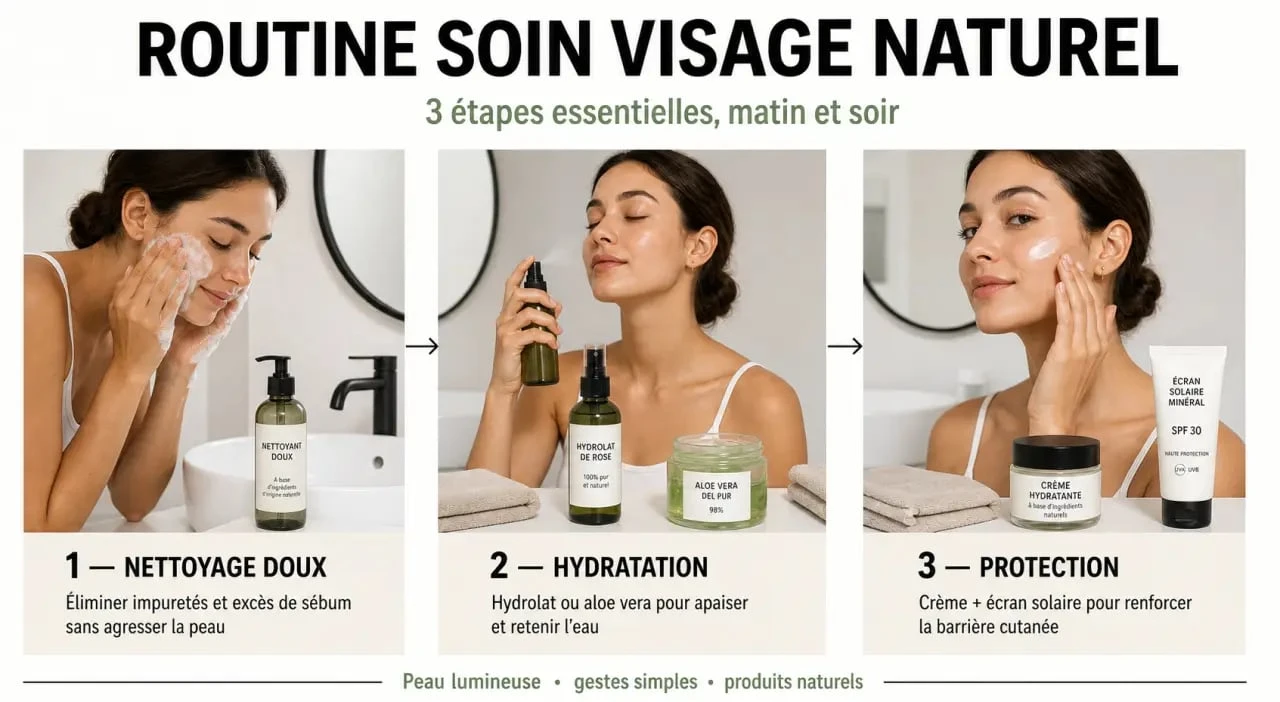Routine soin visage naturel en 3 étapes : nettoyage doux, hydratation et protection