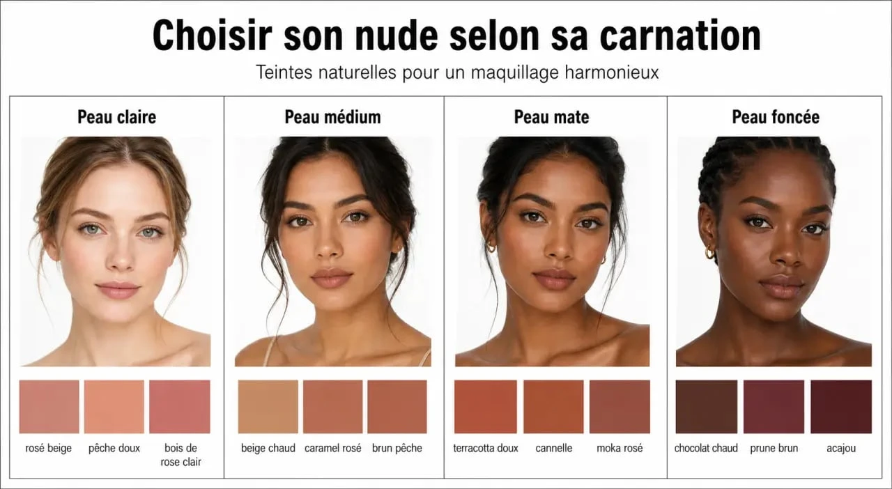 Maquillage naturel femme adapté à différentes carnations avec nuances nude pour les lèvres