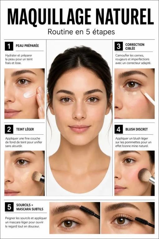 Maquillage naturel femme en étapes sur visage féminin, teint léger, blush discret et sourcils structurés