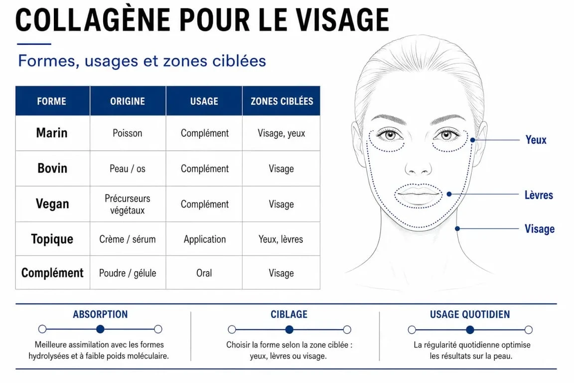 Soin collagène visage : comparaison des formes de collagène et des zones ciblées