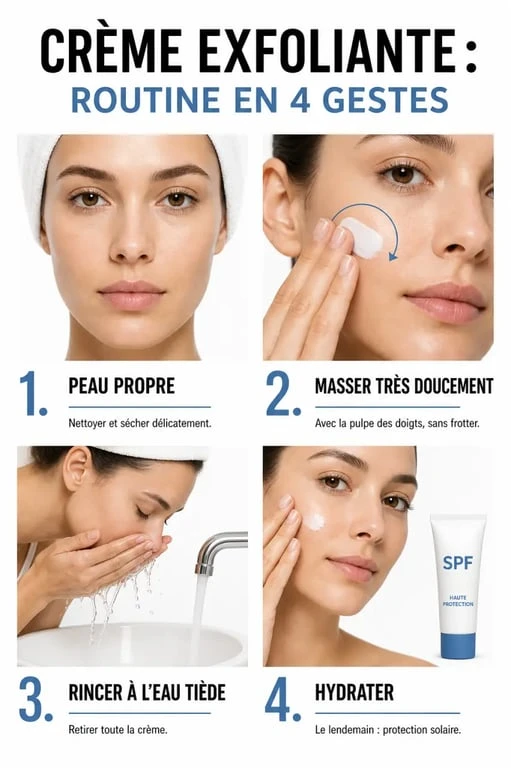 Crème exfoliante visage : routine d’application douce en quatre étapes avec hydratation et protection solaire