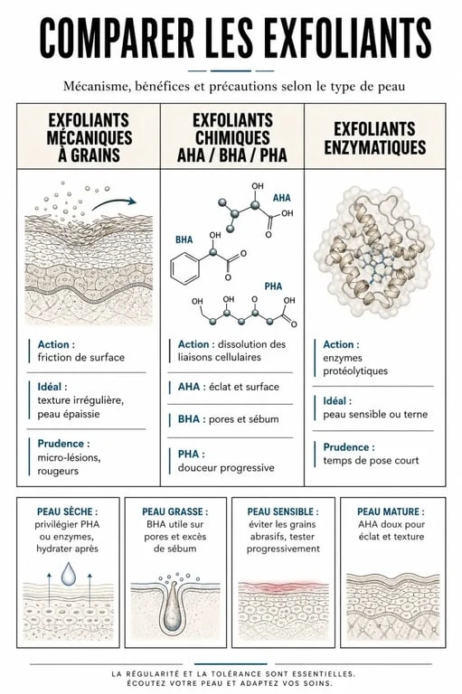 Crème exfoliante visage : comparatif des exfoliants mécaniques, chimiques et enzymatiques selon le type de peau