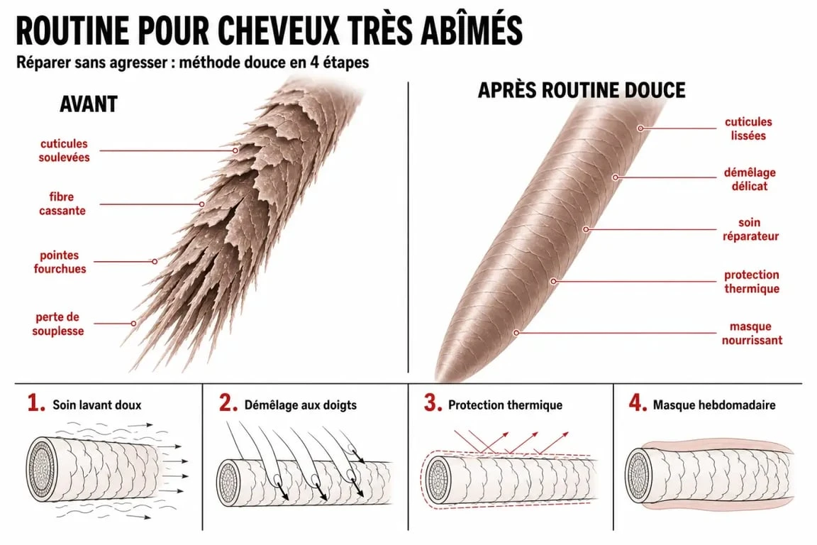Schéma de soin miracle cheveux mort montrant une mèche abîmée puis une routine réparatrice